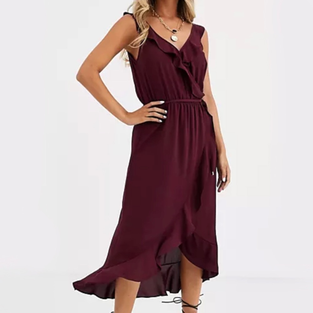 ASOS Oasis Wrap Midi Dress with Ruffle Detail - Berry - Small